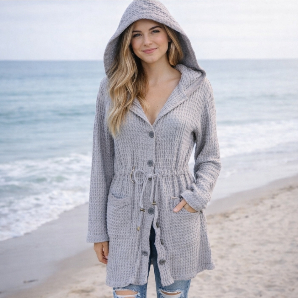 Mododoc Waffle Knit Hooded Gray Long Cardigan Duster Jacket Cinch Waist Size M